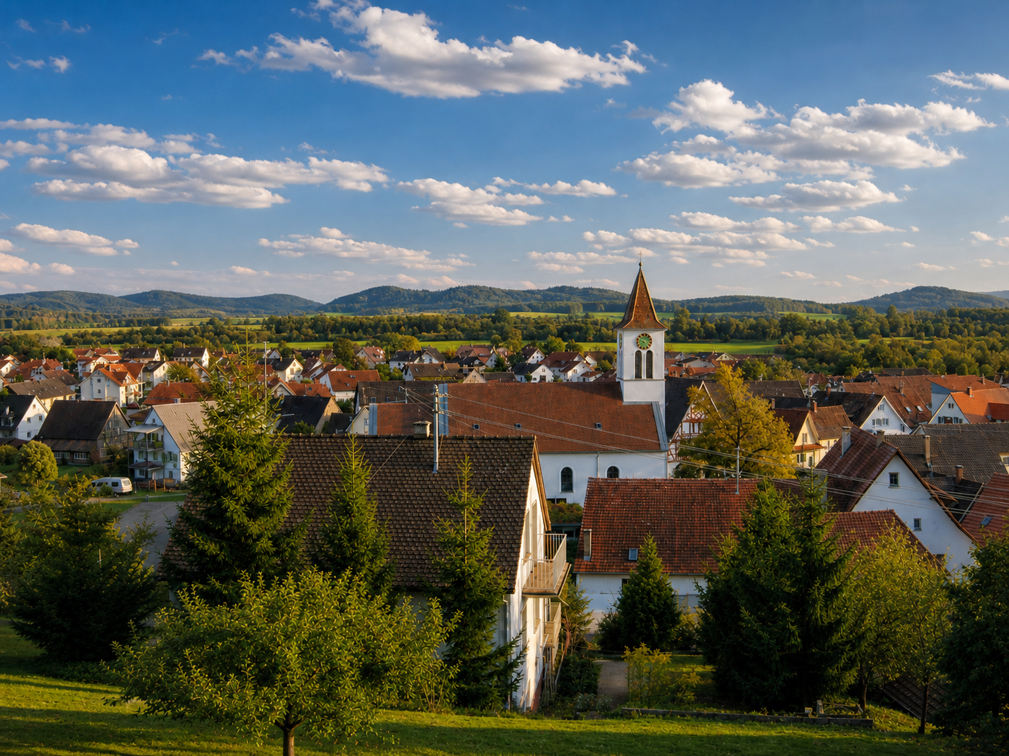Volkertshausen aus der Vogelperspektive: Ortskern, Kirche und die Felder des Hegau